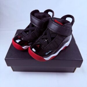 Jordan 6 Rings Kids 5C Black/Varsity Red & White w/ Black Patent Leather